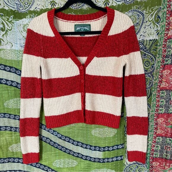 American Eagle Red/ Tan Rugby Stripe Slim Cardigan Size Extra Small - Picture 2 of 15